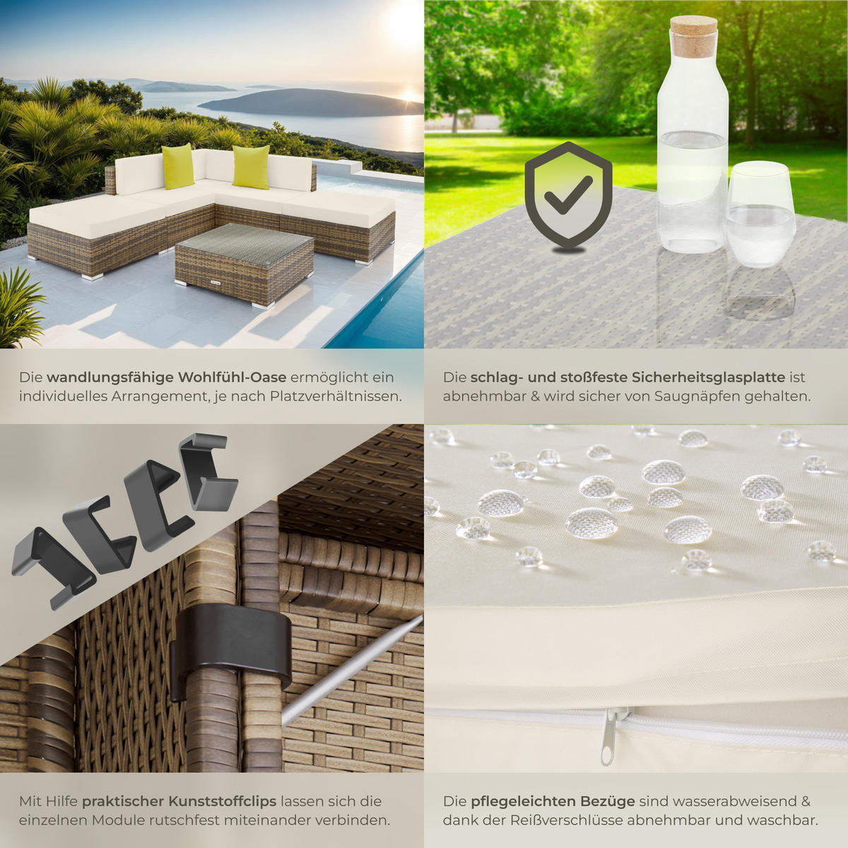 RATTANLOUNGE Paris, mit Sicherheitsglasplatte, natur - Naturfarben, Kunststoff - tectake