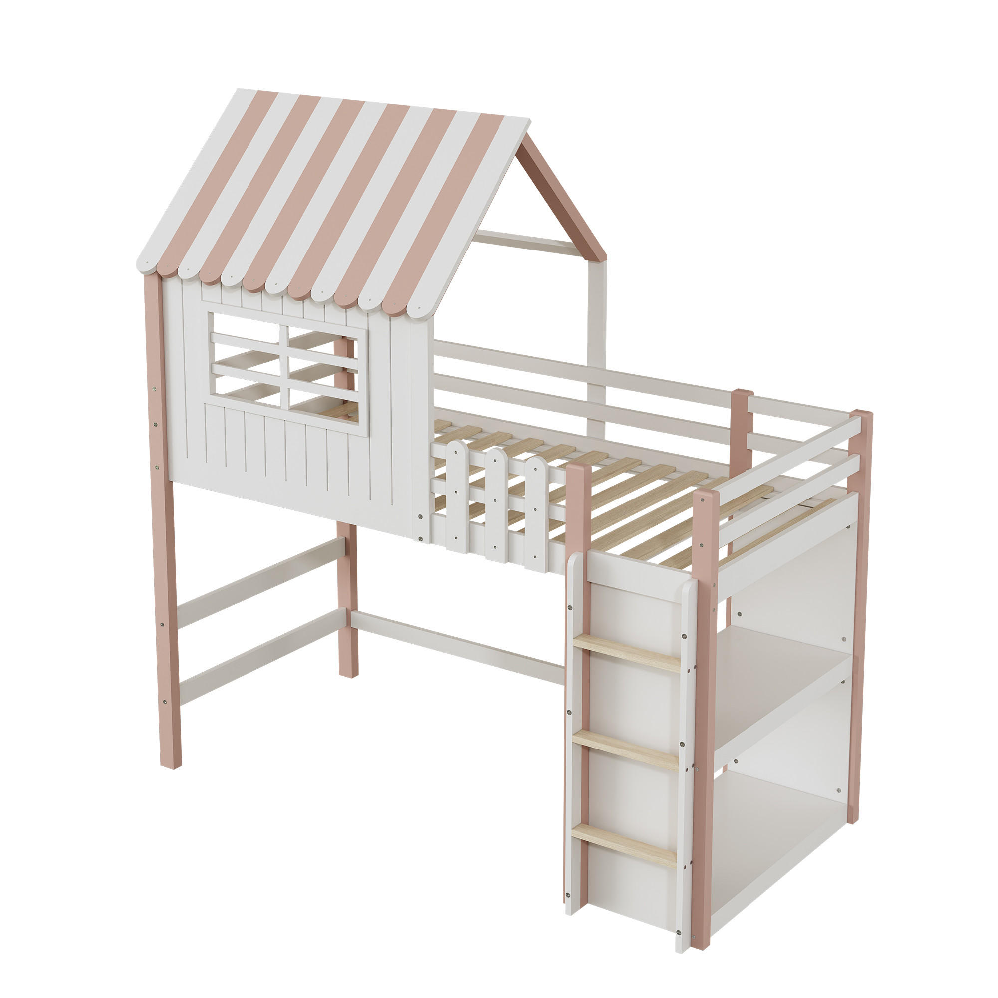 KINDERBETT 90x200 Dachform Massivholz Sicherheitsleiter Rosa - Pink, Holzwerkstoff - FLIEKS