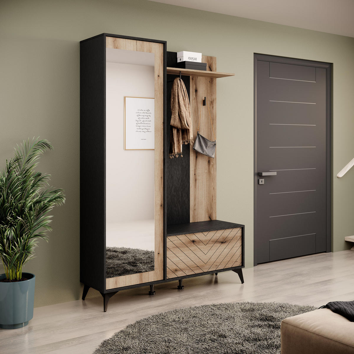 GARDEROBE DIAMOND 134 cm (Evoke Eiche, Schwarz, Spiegel, Gefräste Front, Metallfüße) - Eichefarben/Schwarz, Holz/Holzwerkstoff (131/192/40cm) - Ravio