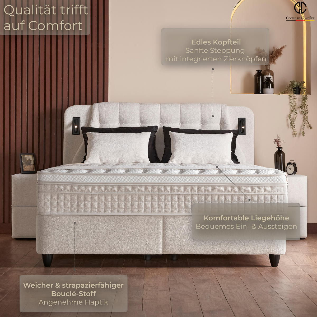 BOXSPRINGBETT MIT BETTKASTEN OSLO 160/200 cm, Ivory, Bettkasten, Matratze, Topper integriert, H3 mittel 7-Zonen Matratze - Creme/Schwarz, Holz/Kunststoff (160/200cm) - Consilio Concept