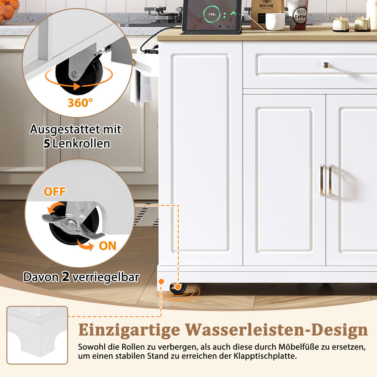KÜCHENINSEL in Naturfarbe und Weiß Servierwagen mit Schubladen für Esszimmer und Küche, B131.8/T40/H93.3 cm - Weiß, Holzwerkstoff/Metall (131.8/93.3/40cm) - STILVORA