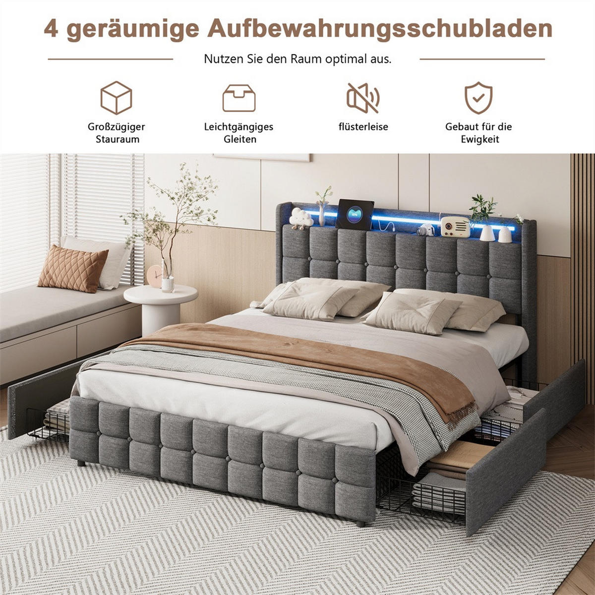 POLSTERBETT 160x200 cm Square Smart mit RGB-LED, EU-Steckdosen & USB-Ports, 4 Schubladen, Leinen-Optik, Dunkelgrau - Grau, Textil (160/200cm) - DELFA