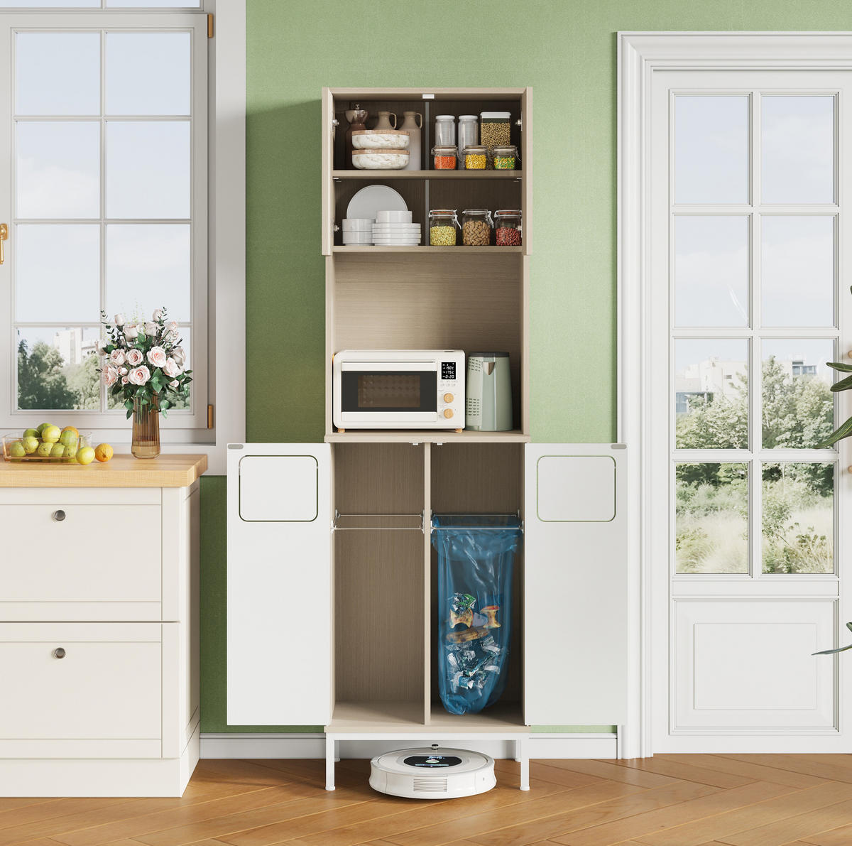 BUFFETSCHRANK 53/35/181 cm mit Müllfach, Mikrowellenfach und höhenverstellbaren Einlegeböden, Weiß - Weiß, Holzwerkstoff (35/181/53cm) - Redom