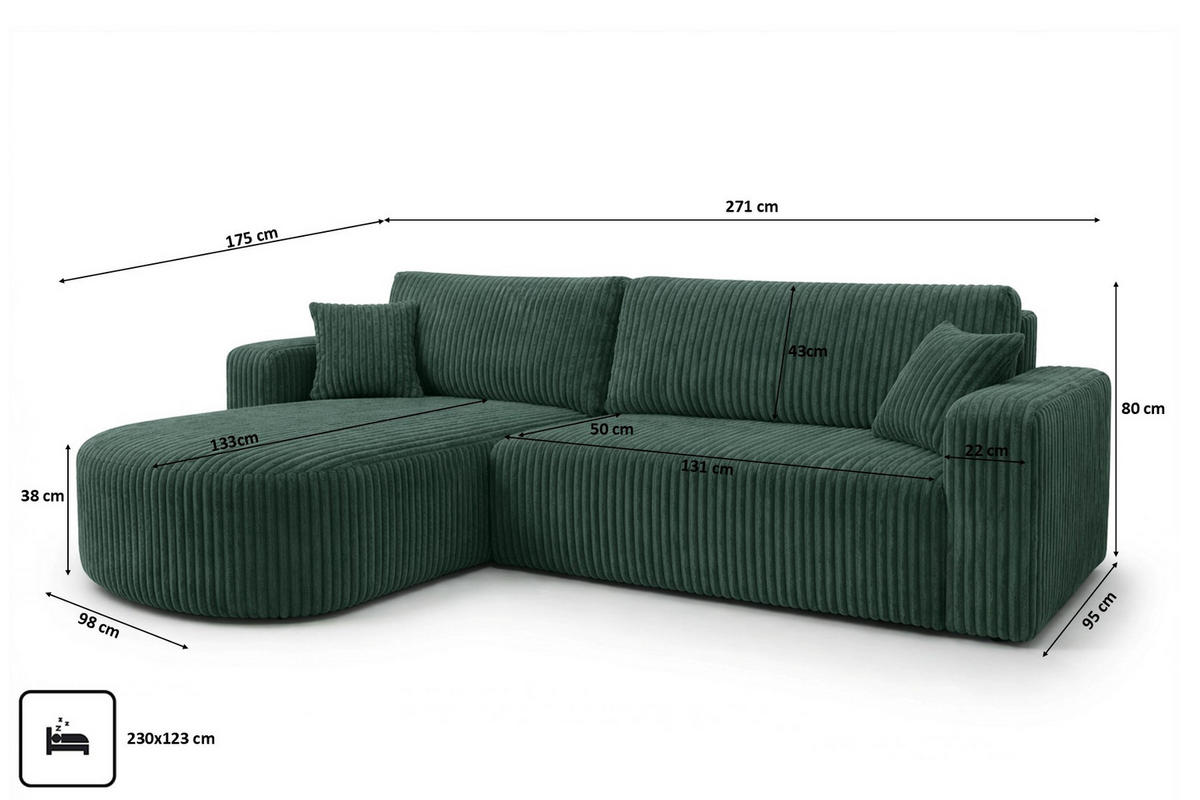 ECKSOFA Mit Schlaffunktion, Cordstoff Tilia, Grün, Links, ROUND ONE XL - Grün, Holz (271/175cm) - Kaiser Möbel