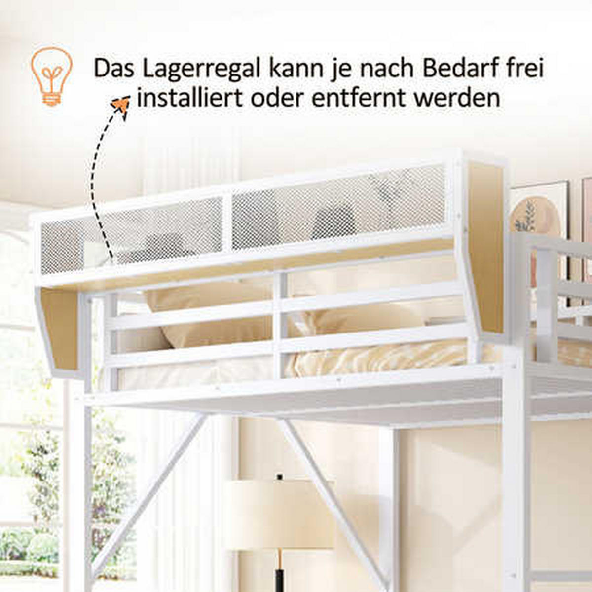 HOCHBETT Weiß aus Metall 140×200cm mit Stauraumleiter, Ablagen, Kleiderstange und LED-Beleuchtung - Weiß, Metall (140/200cm) - Luhomfu