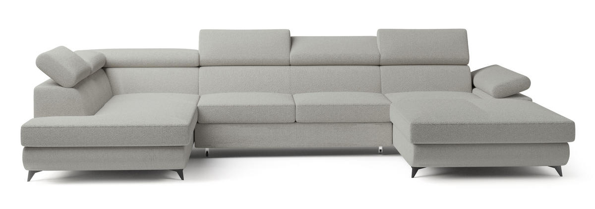 WOHNLANDSCHAFT RUBANO L-S Hellgrau Boucle-Stoff mit Schlaffunktion - Hellgrau, Holz (339/89/190cm) - MASSENO