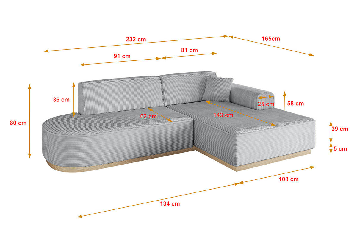 ECKSOFA Ottomane Rechts IREA-L1 - 232x165x80 cm Grau - Grau, Holzwerkstoff/Textil (232/165cm) - ALTDECOR