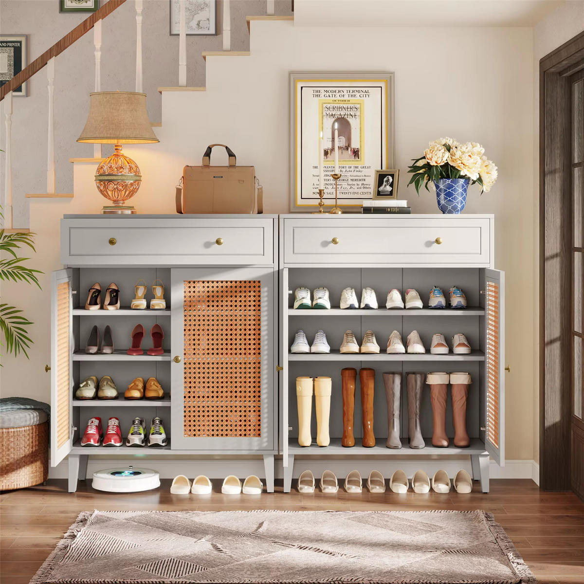 SCHUHSCHRANK Rattan Mintgrün mit Stauraum - Grau, Holz (80/111/40cm) - Kaket