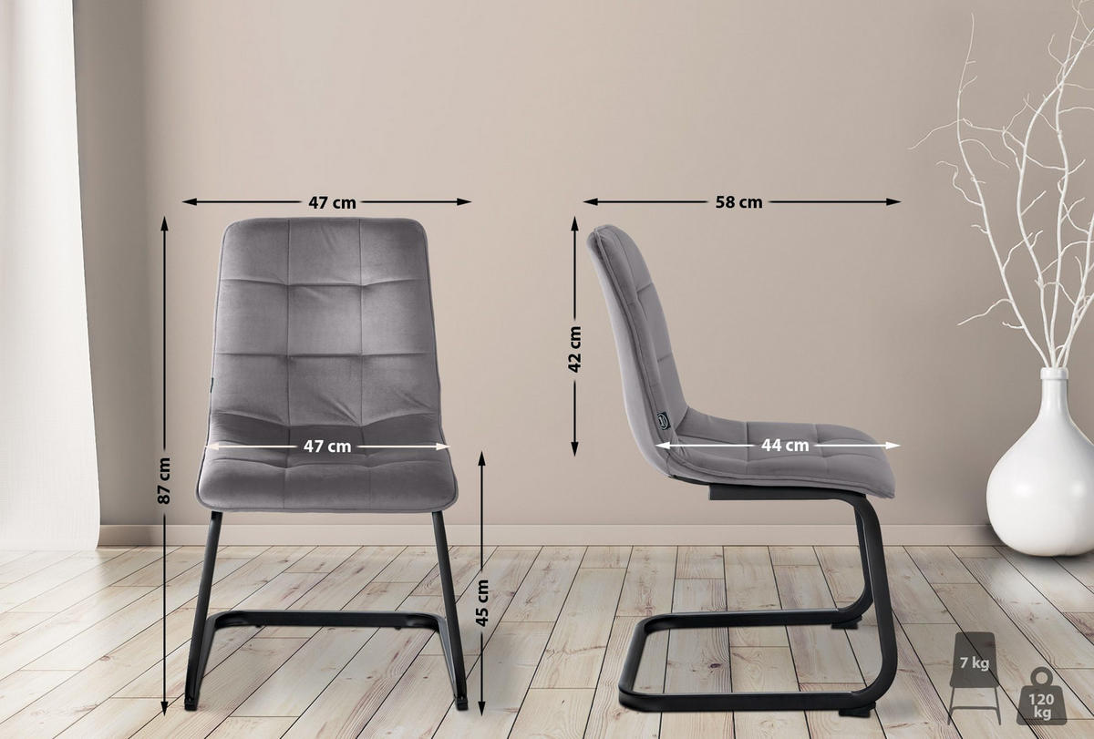 SCHWINGSTUHL 2er Set Samt dunkelgrau - Dunkelgrau/Schwarz, Textil/Metall (47/87/58cm) - CLP