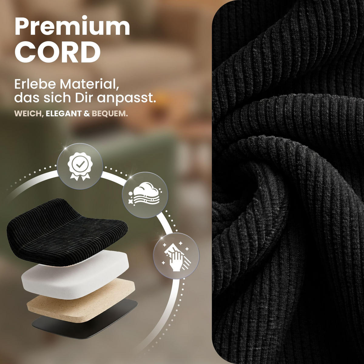 STUHL 4 Cord Schwarz - Schwarz, Textil/Metall (45/84/55cm) - CLP