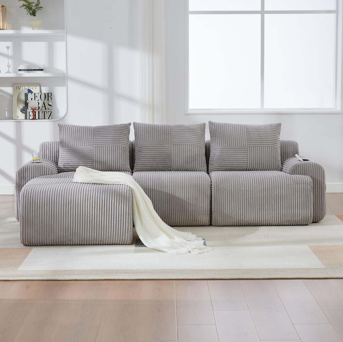SOFA 268/174/80 cm in Hellgrau mit Cupholder und Aufbewahrungstasche - Hellgrau, Textil (174/80/268cm) - Flora Grace
