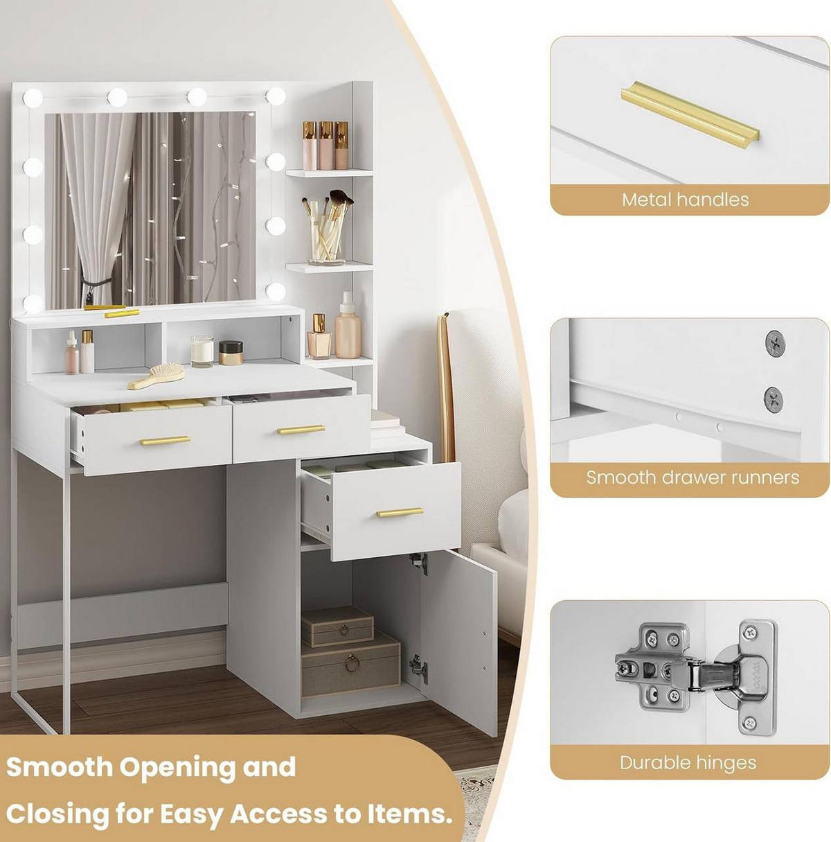 SCHMINKTISCH mit LED, Spiegel, 3 einstellbare Helligkeiten, Weiß - Goldfarben/Weiß, Holzwerkstoff (90/143/39.5cm) - Woltu