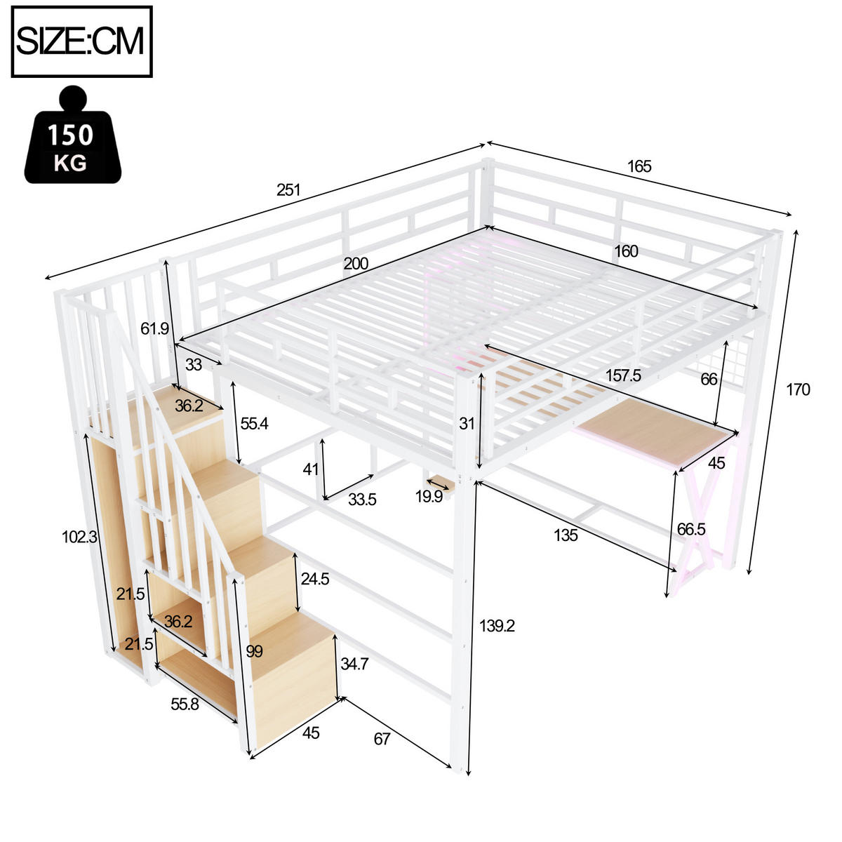 HOCHBETT 160/200 cm mit LED, Schreibtisch und Kleiderschrank, DE-04920, in Weiß - Weiß, Metall (160/200cm) - ComfortXL