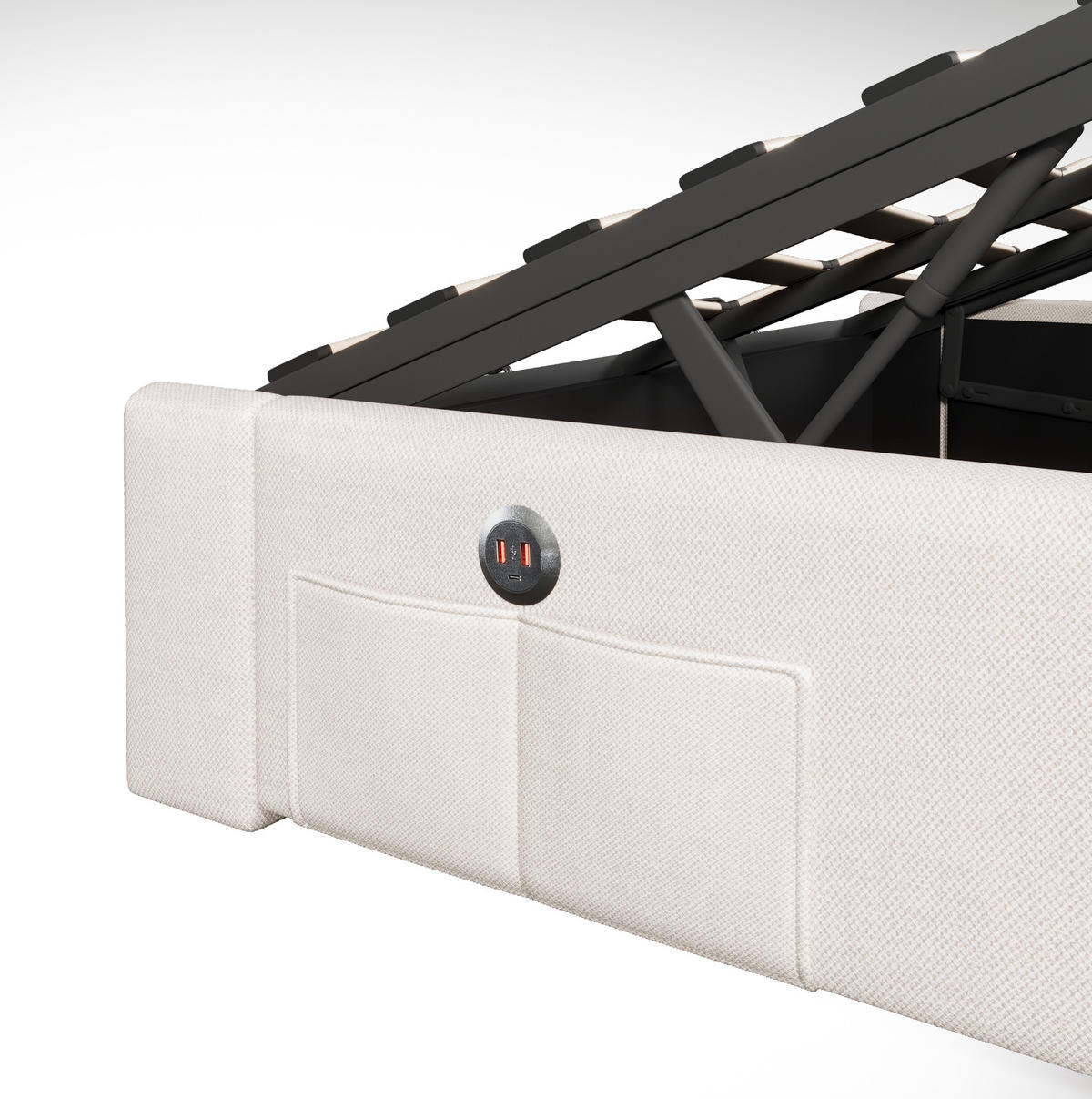 ČALÚNENÁ posteľ z ľanu a MDF 140x200 cm béžová s LED osvetlením, USB a USB-C, hydraulickým úložným priestorom - béžová, textil (140/200cm) - Modfu