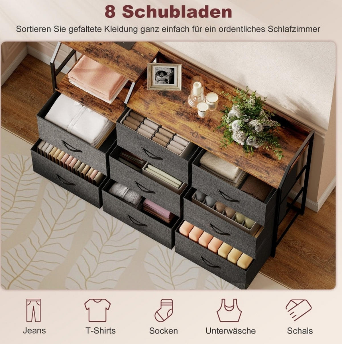KOMMODE mit 8 Stoffschubladen 130x30x88 cm in Rustikalbraun mit Ladestation und offenen Fach - Schwarz, Textil (130.5/88/30cm) - IVMEU