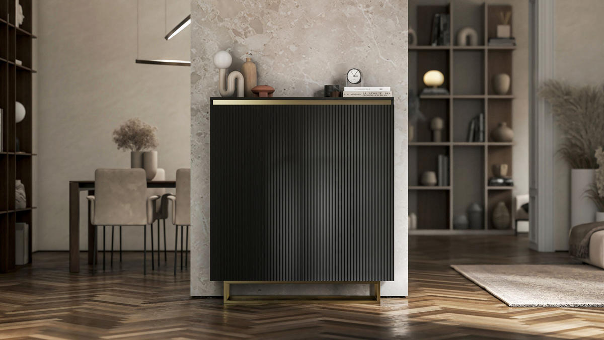 KOMMODE Selene 2D Schwarz Matt 111 cm goldfarbener Rahmen - Goldfarben/Schwarz, Holzwerkstoff/Metall (111/125/35cm) - Meble Lindner