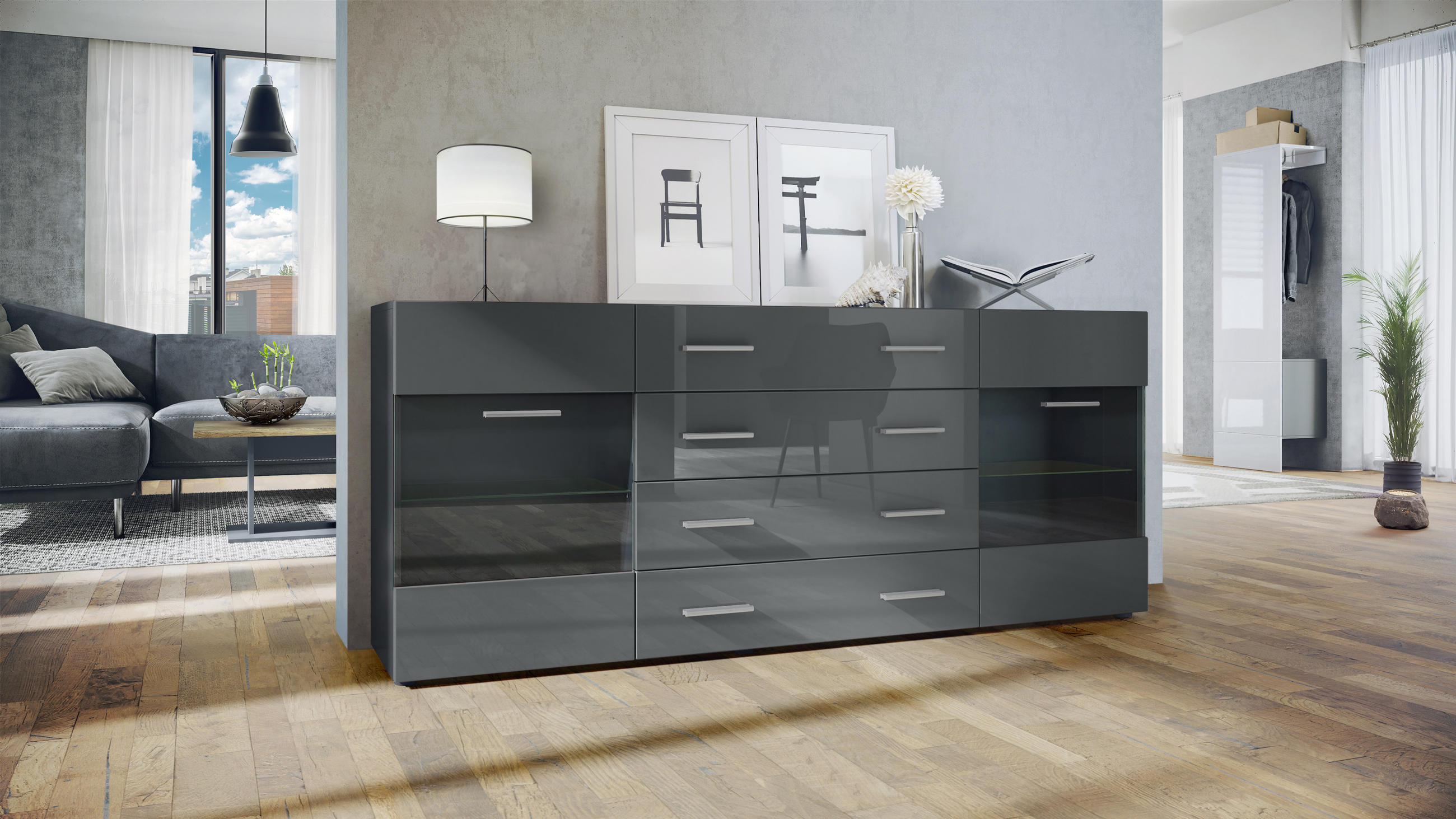 SIDEBOARD Carlos Grau Hochglanz - Grau, Holzwerkstoff (166/72/35cm) - Vladon