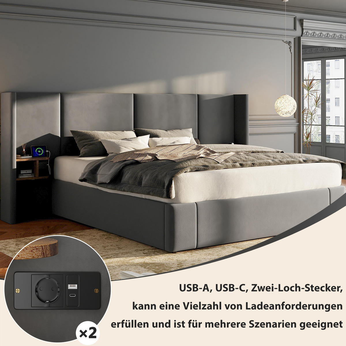 TAPECIRANI krevet 160/200 cm bež od baršuna s hidrauličnim spremištem i 2 noćna ormarića - bež, tekstil (160/200cm) - OKWISH