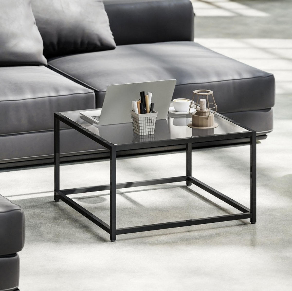 COUCHTISCH 68/68/39 cm aus Hartglas mit Stahlgestell in Schwarz - Schwarz, Glas (68/68/39cm) - Flora Grace