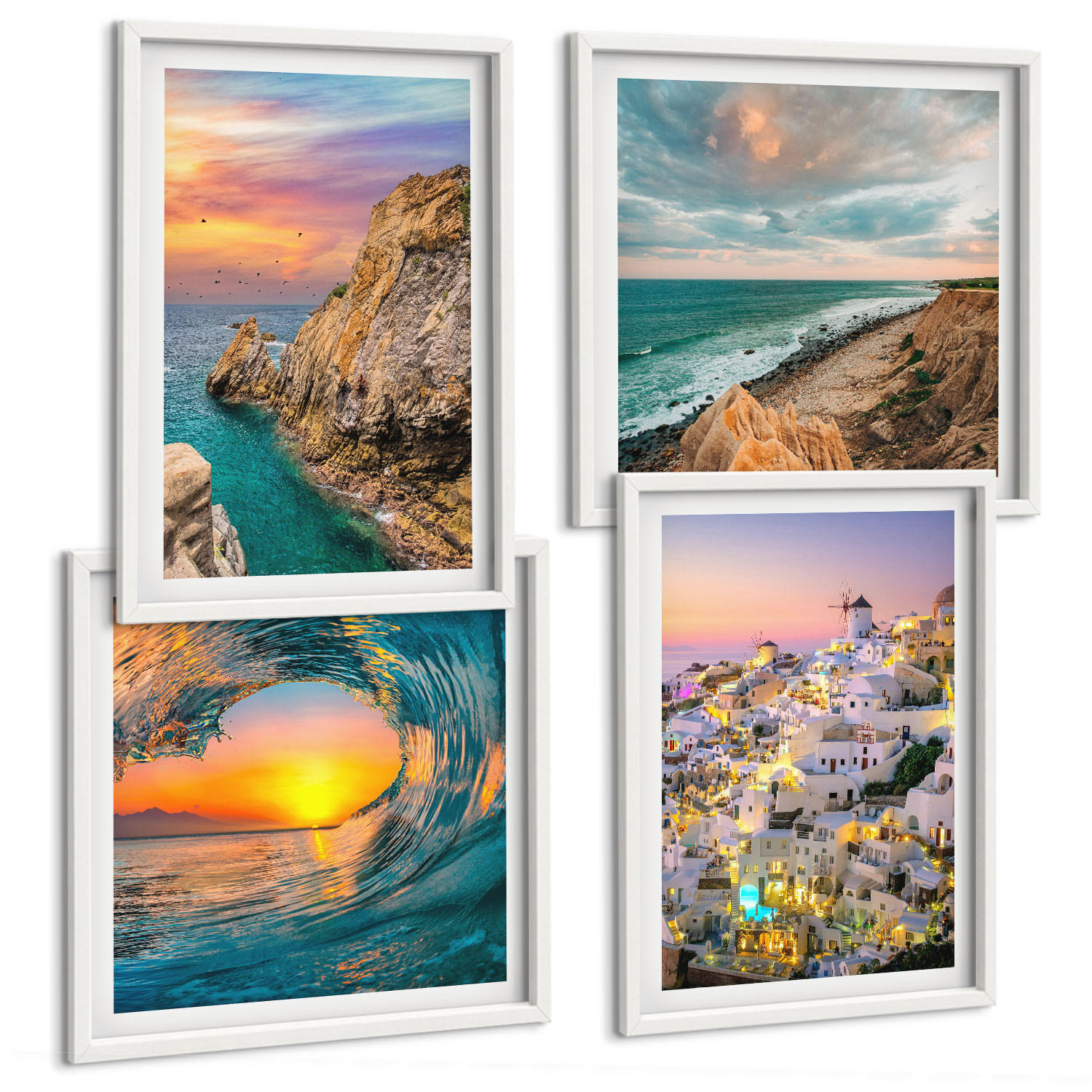 BILDER SET 4er Set - 50x50 cm & 40x60 cm Weißer Rahmen - Meereswellen, weiße Häuser, Santorini - Weiß, Kunststoff (50/50cm) - TULUP