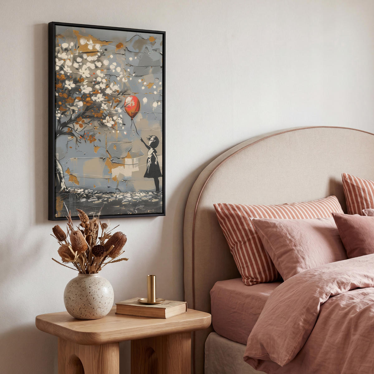 LEINWAND Bilder mit Rahmen - Baum - Graffiti - Banksy-Stil - Ballon-Mädchen - 40x60 - Blaugrau, Textil (40/60cm) - MuchoWow