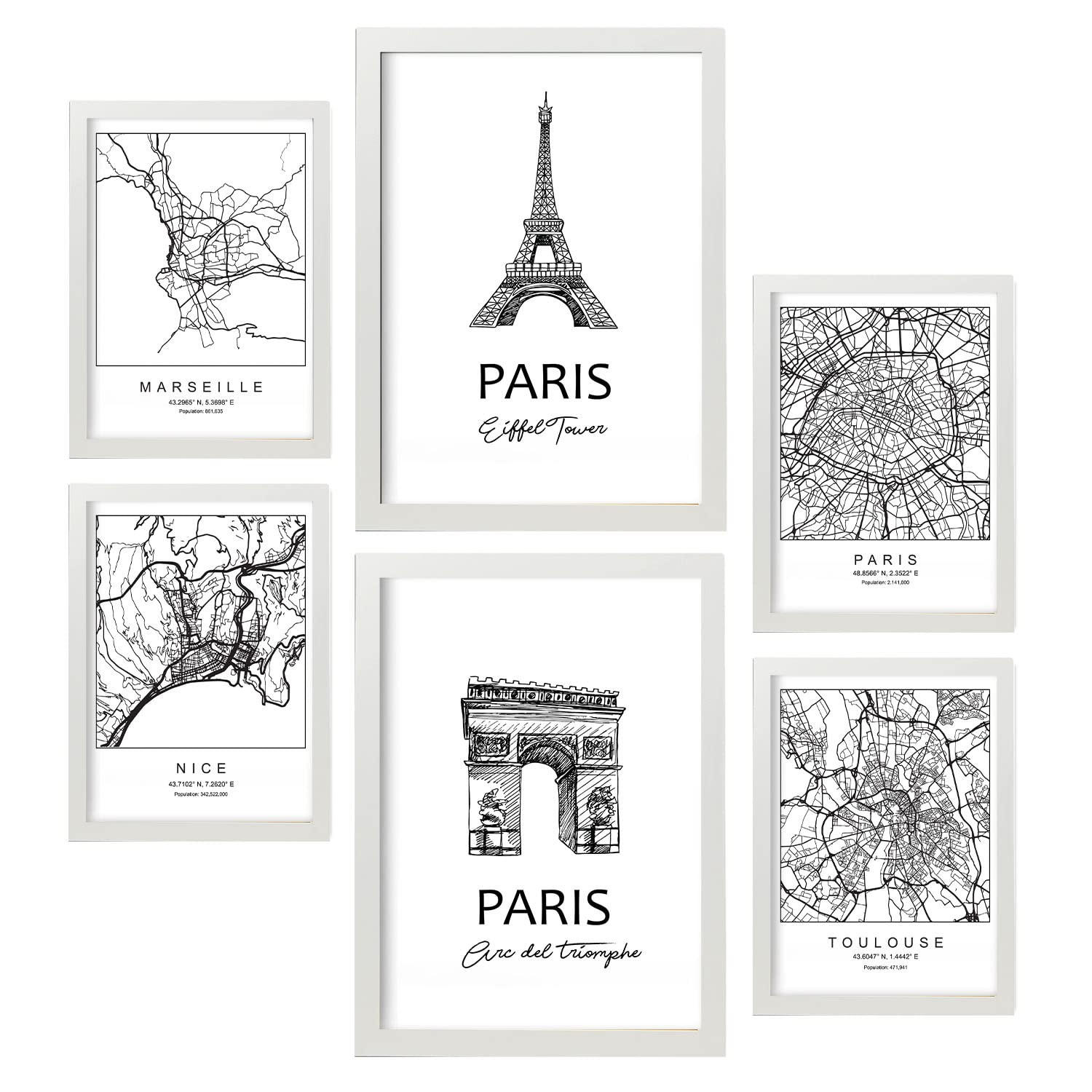 POSTER Set Mit 6 Drucke Von Frankreich Von Karten In Schwarz Weiß A3 & A4 Weißer Rahmen - Weiß, Papier (29/3cm) - Nacnic