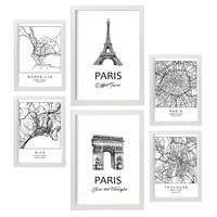 POSTER Set Mit 6 Drucke Von Frankreich Von Karten In Schwarz Weiß A3 & A4 Weißer Rahmen - Weiß, Papier (29/3cm) - Nacnic