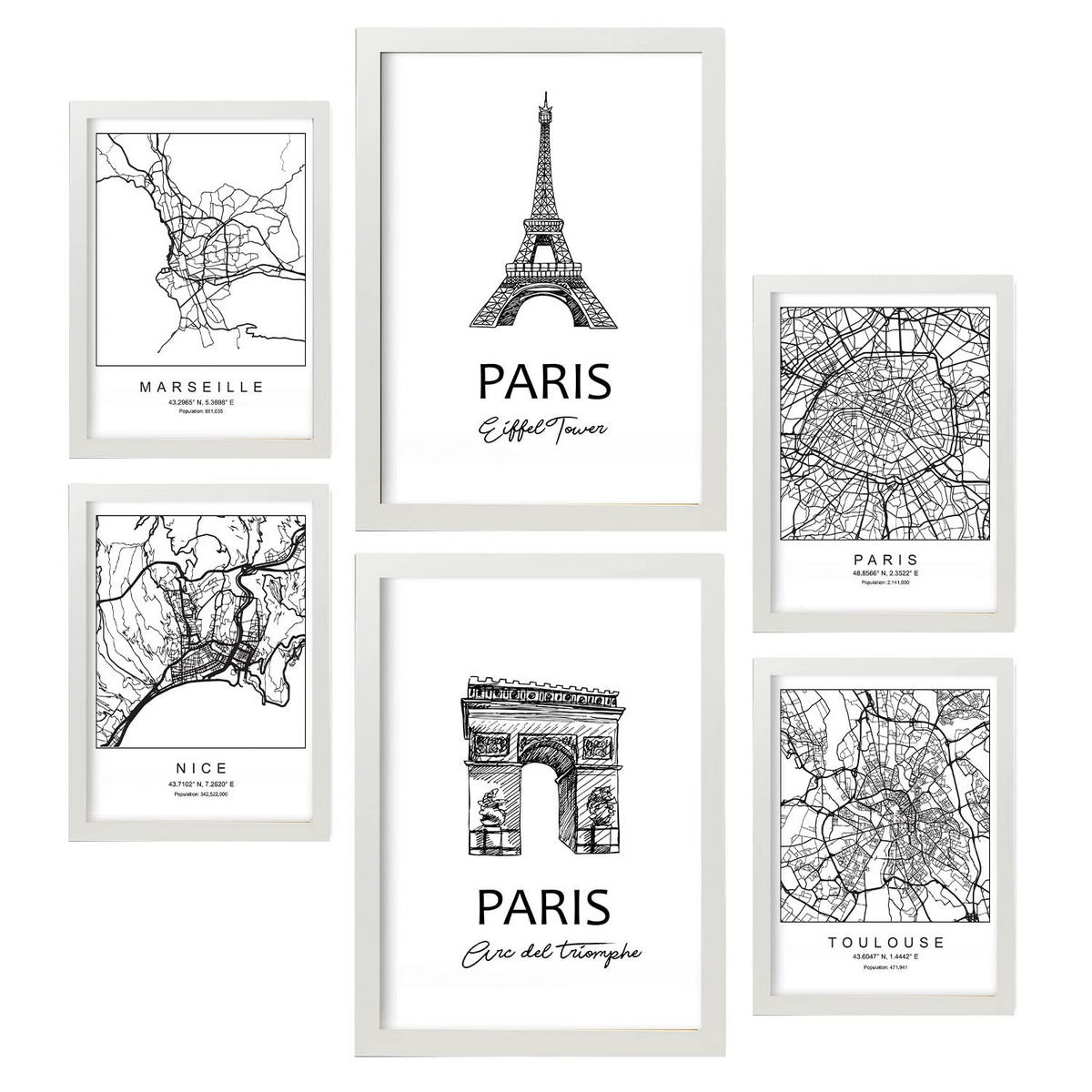 POSTER Set Mit 6 Drucke Von Frankreich Von Karten In Schwarz Weiß A3 & A4 Weißer Rahmen - Weiß, Papier (29/3cm) - Nacnic
