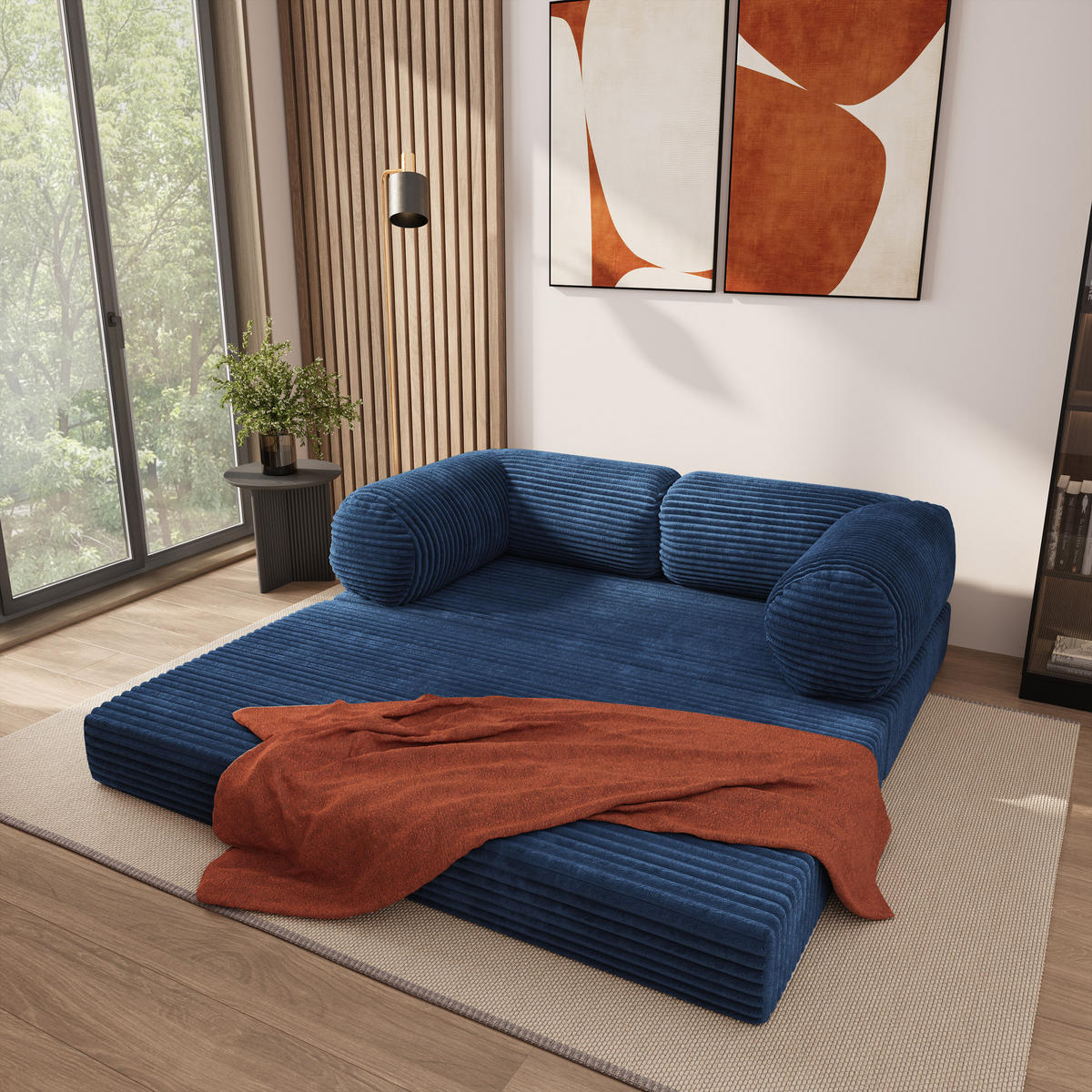POHOVKA z pěny ALVIO s funkcí spaní Manšestrová látka Modrá - modrá, textil (170/68/80cm) - MASSENO