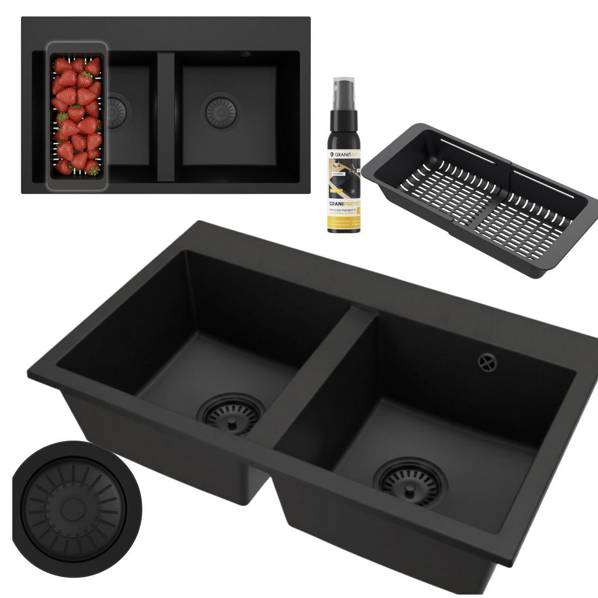 SPÜLBECKEN Twin Schwarz 800/490/205 mm - Schwarz, Stein (42/42/20cm) - Granitan