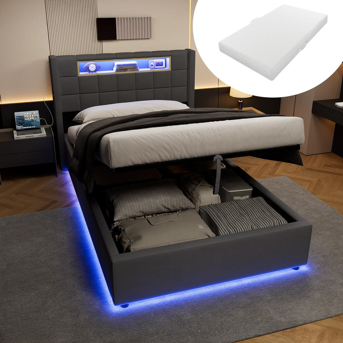ČALOUNĚNÁ POSTEL 90 × 200 cm s matrací, hydraulickým úložným prostorem a LED osvětlením, šedá, sametový potah - šedá, kov/kompozitní dřevo (90/200cm) - STILVORA