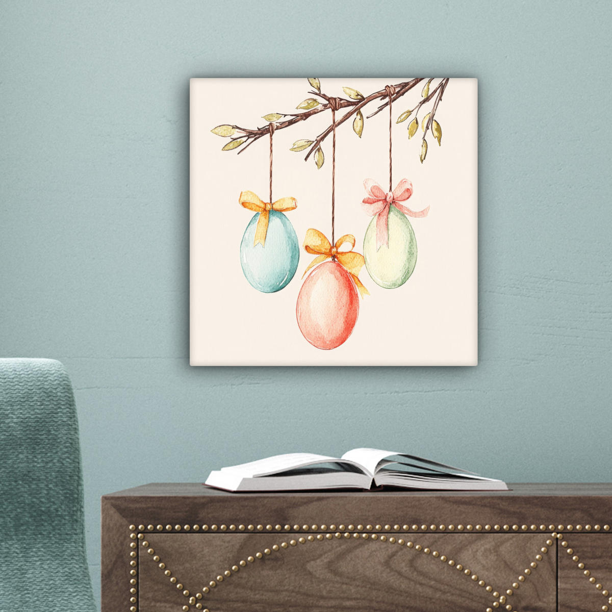 LEINWANDBILD Osterkuchen - Schleife - Eier Deko Wohnzimmer 20x20 cm - Creme, Textil (20/20cm) - MuchoWow