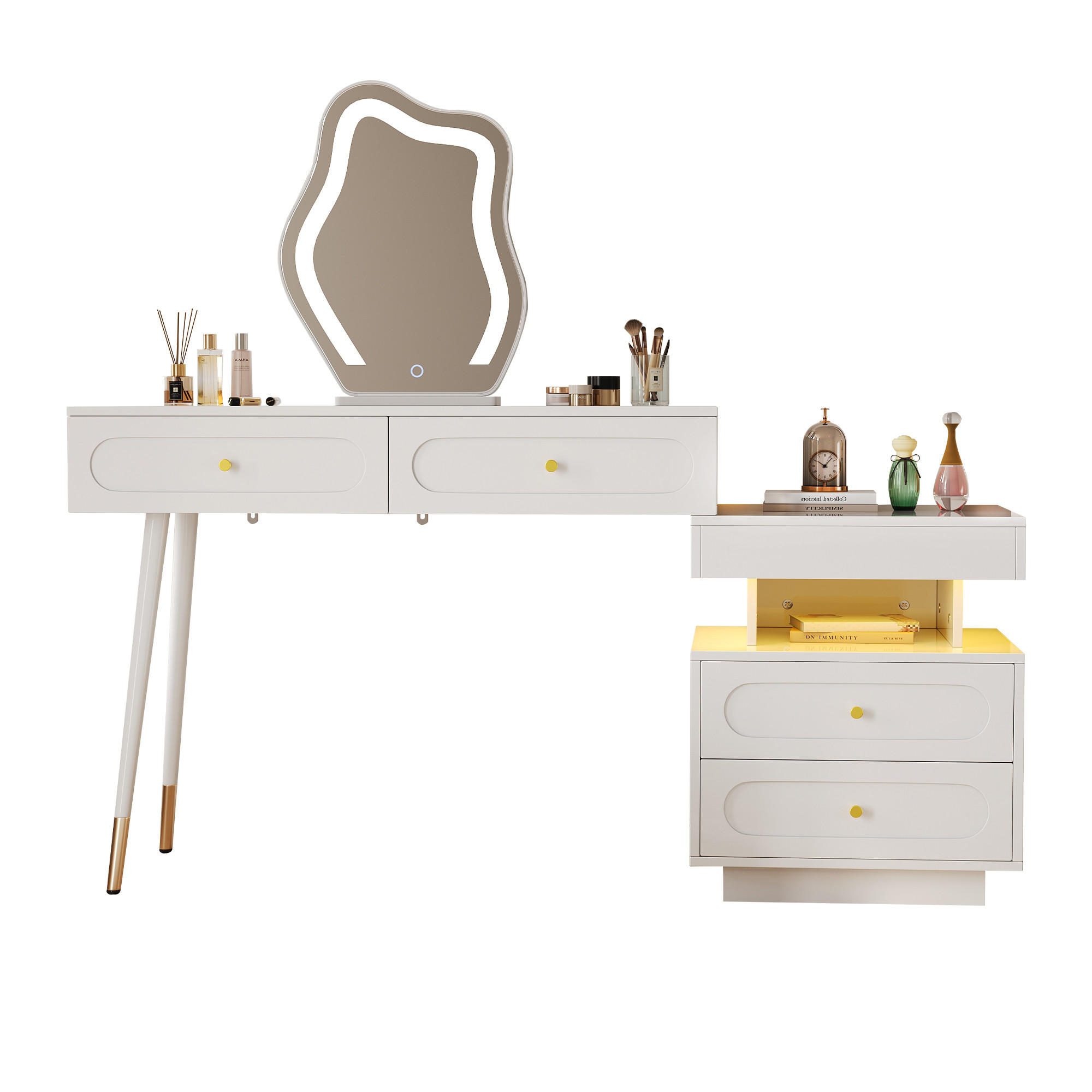 SCHMINKTISCH in Weiß Frisiertisch mit LED-Spiegel, 4 Schubladen & offenem Fach, für Schlafzimmer und Ankleidezimmer, B140/T40/H130cm - Weiß, Holzwerkstoff/Metall (140/130/40cm) - STILVORA