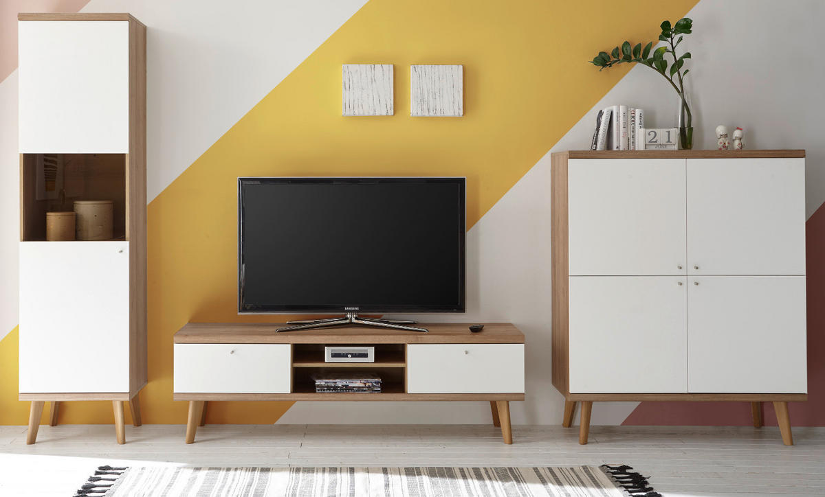WOHNWAND weiß Eiche Riviera, Schrankwand skandinavisch 3-teilig 337 x 197 cm - Eichefarben/Weiß, Holzwerkstoff/Metall (337/197/40cm) - Furn.Design
