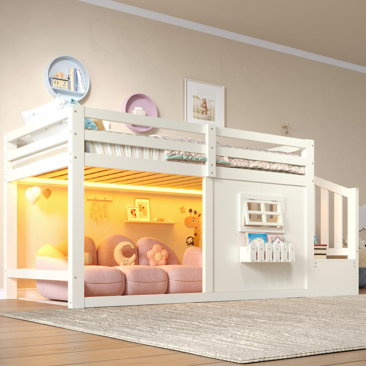 HOCHBETT 90/200 cm mit LED und Stauraumtreppe, DE-42010, in Weiß - Weiß, Holzwerkstoff (90/200cm) - ComfortXL