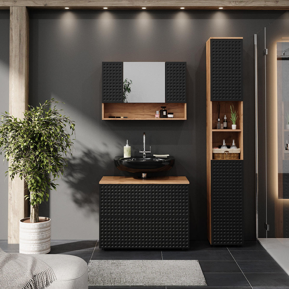 BADMÖBEL-SET Irma Anthrazit gepunktet 3 Teile mit Spiegelschrank 80 cm - Honigeiche/Anthrazit, Holzwerkstoff (80/58.6/41cm) - Vicco