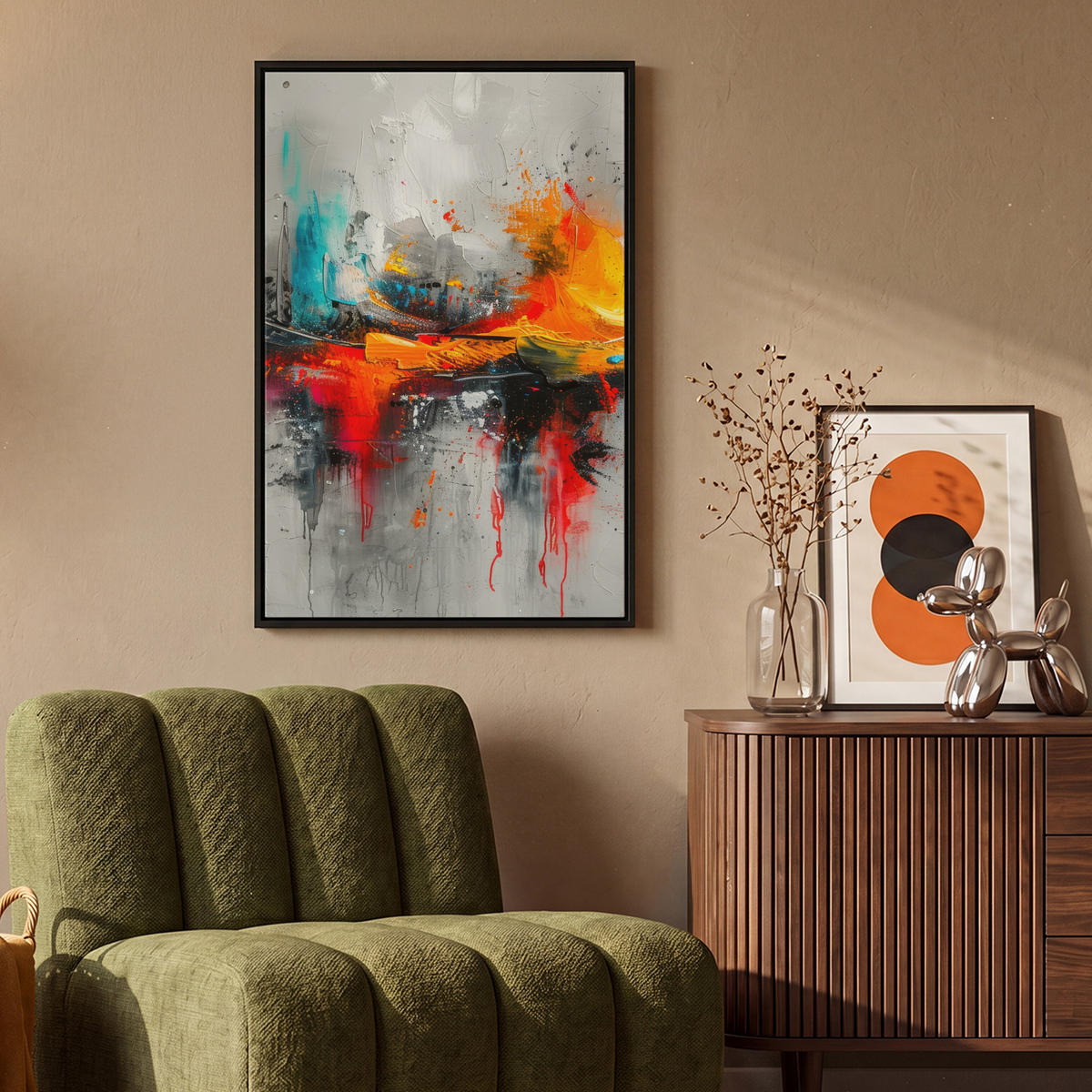 LEINWAND Bilder mit Rahmen - Moderne Kunst - Orange - Grau - Abstrakt - 60x90 - Hellgrau, Textil (60/90cm) - MuchoWow
