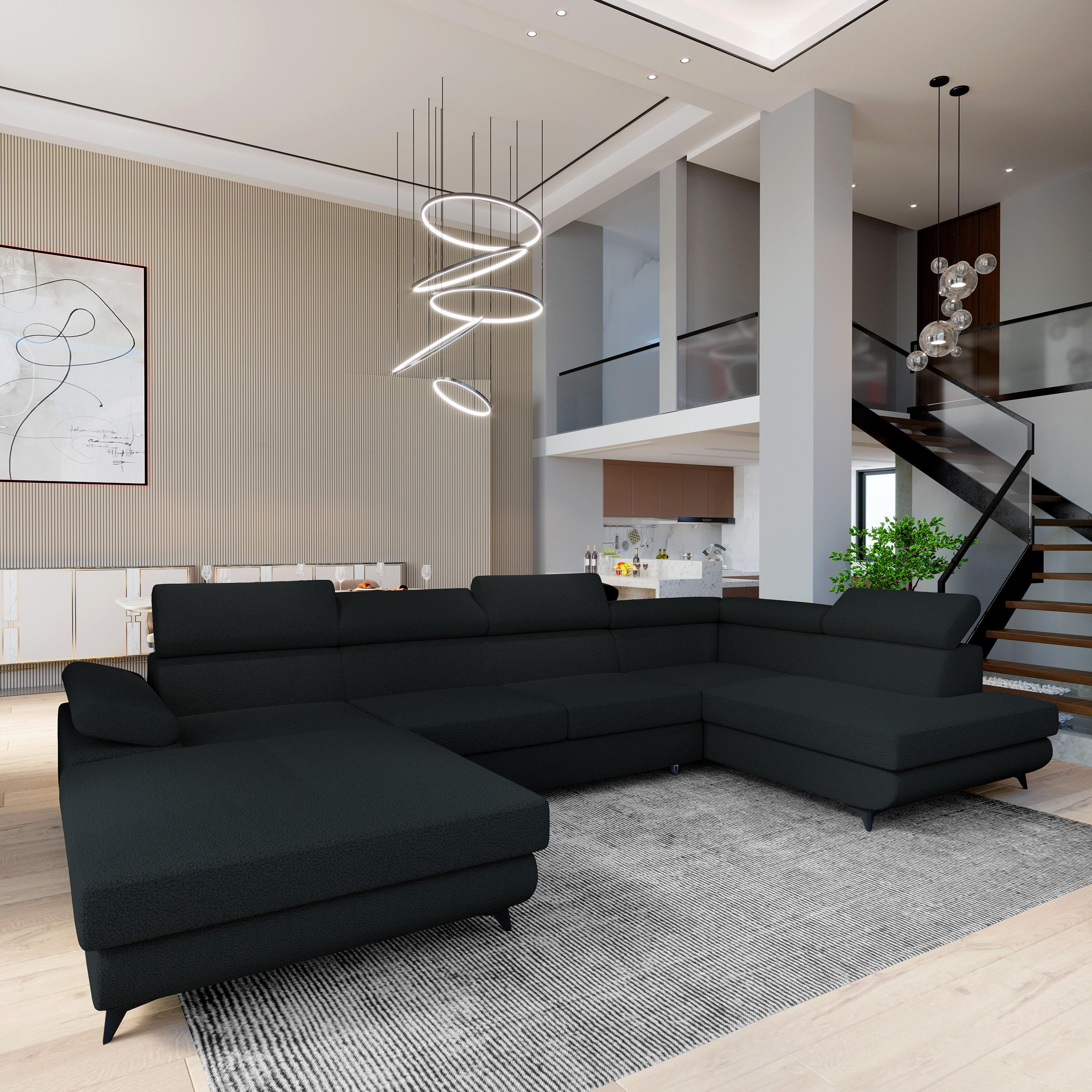 WOHNLANDSCHAFT RUBANO R-S Schwarz Boucle-Stoff mit Schlaffunktion - Schwarz, Holz (339/89/190cm) - MASSENO