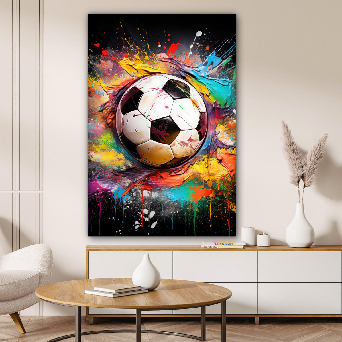 LEINWANDBILD Fußball - Farbe - Farben - Schwarz - Weiß 80x120 cm - Weiß, Textil (80/120cm) - MuchoWow