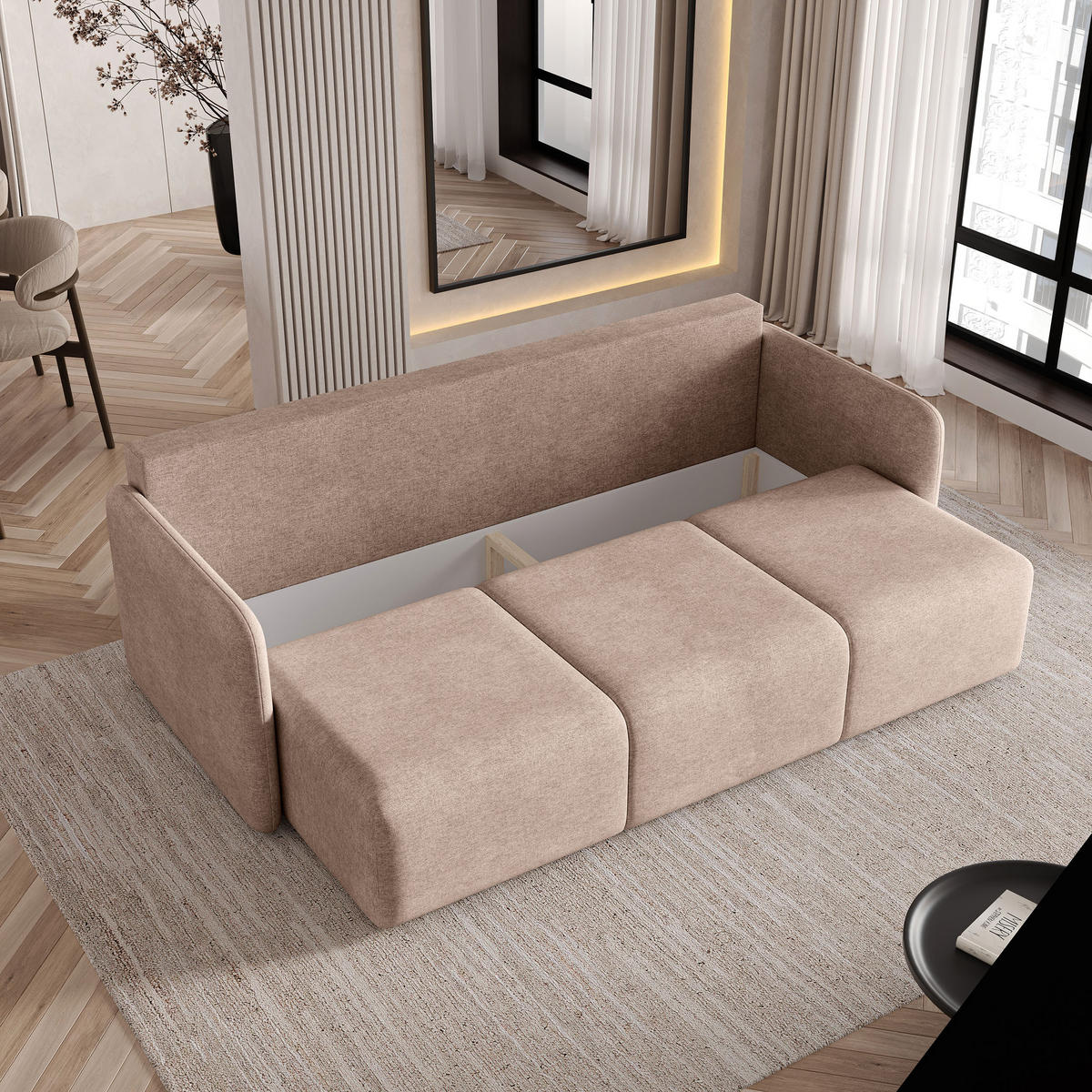 BETTSOFA SUVI III NV Beige Geflochtener Stoff mit Schlaffunktion - Beige, Textil (90/85/220cm) - MASSENO