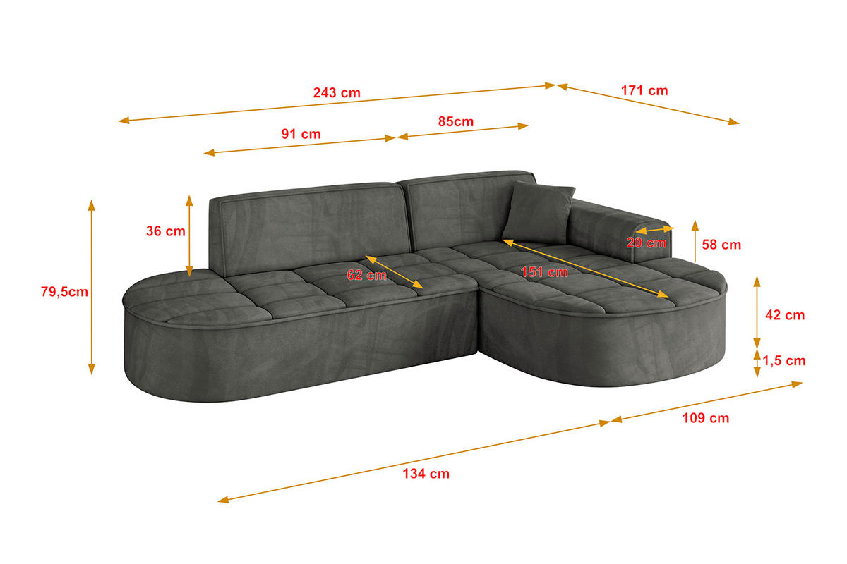 ECKSOFA Ottomane Rechts TARO-L1 - 243x171x79,5 cm Dunkelgrau - Dunkelgrau, Holzwerkstoff/Textil (243/171cm) - ALTDECOR