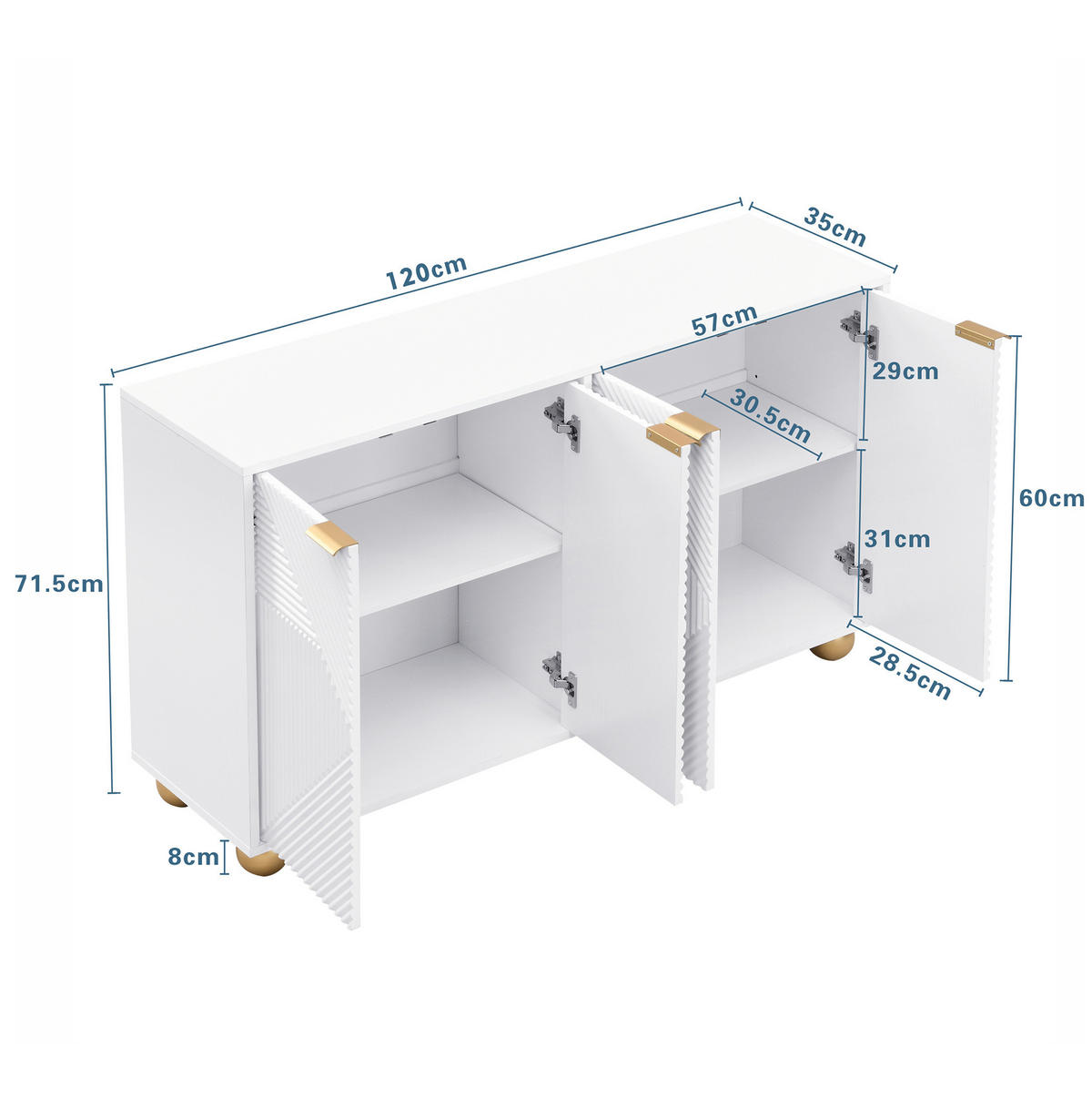 SIDEBOARD 120/35/71,5 cm in Weiß mit 4 Türen und gravierten Fronten - Weiß, Holzwerkstoff (120/71.5/35cm) - BEAOK