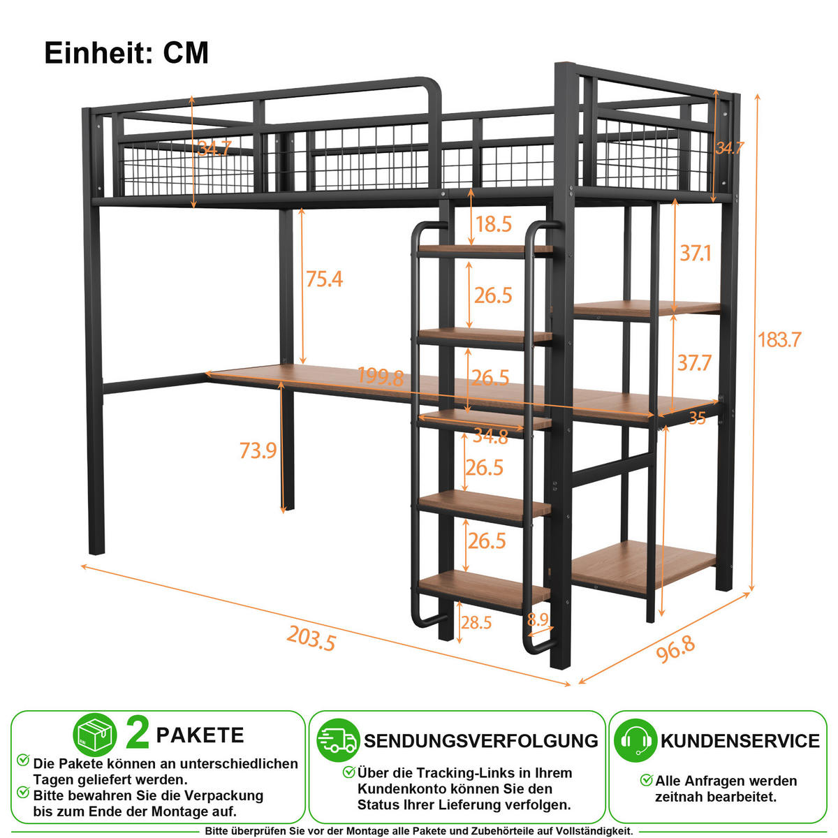 HOCHBETT 90/200 cm in Schwarz mit Tisch, Regal und Sicherheitsleiter - Schwarz, Metall (90/200cm) - CHICFURN