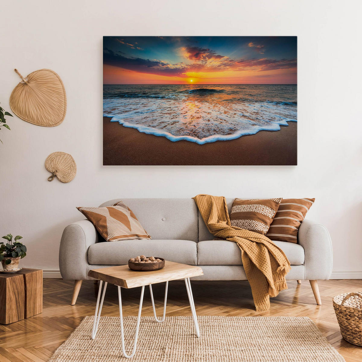 LEINWANDBILD Sonnenuntergang am Meer Landschaft 3D 120x80 - Blau/Beige, Textil (120/80cm) - Muralo