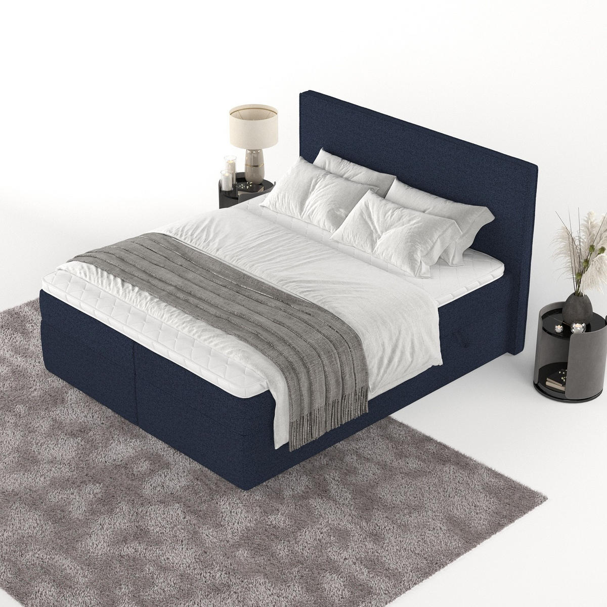 BOXBETT Nuvia 140/200 cm Marineblau im Riva Stoff - Schwarz/Dunkelblau, Holz/Holzwerkstoff (140/200cm) - AltaBeds