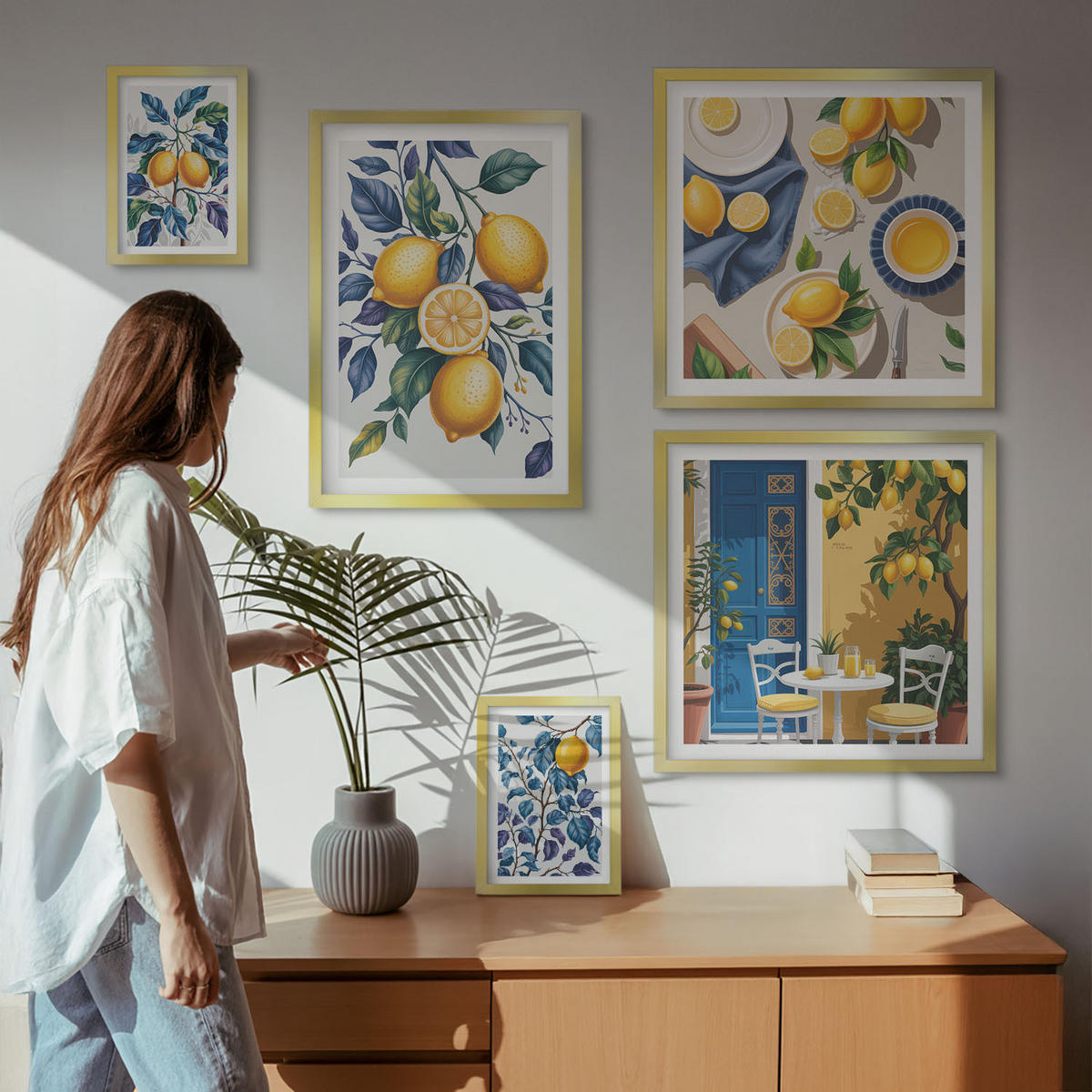 BILDER SET 5er Set - 50x50 cm & 20x30 cm & 40x60 cm Goldrahmen - Grüne Oliven, Eukalyptus - Goldfarben, Kunststoff (40/60cm) - TULUP