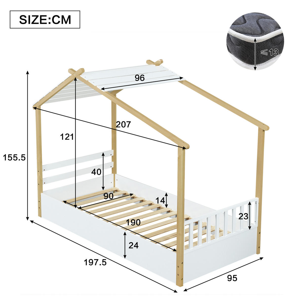 KINDERBETT 90/190 cm in Hausform aus Kiefer/MDF – Weiß/Natur - Weiß, Holz (90/200cm) - BEAOK