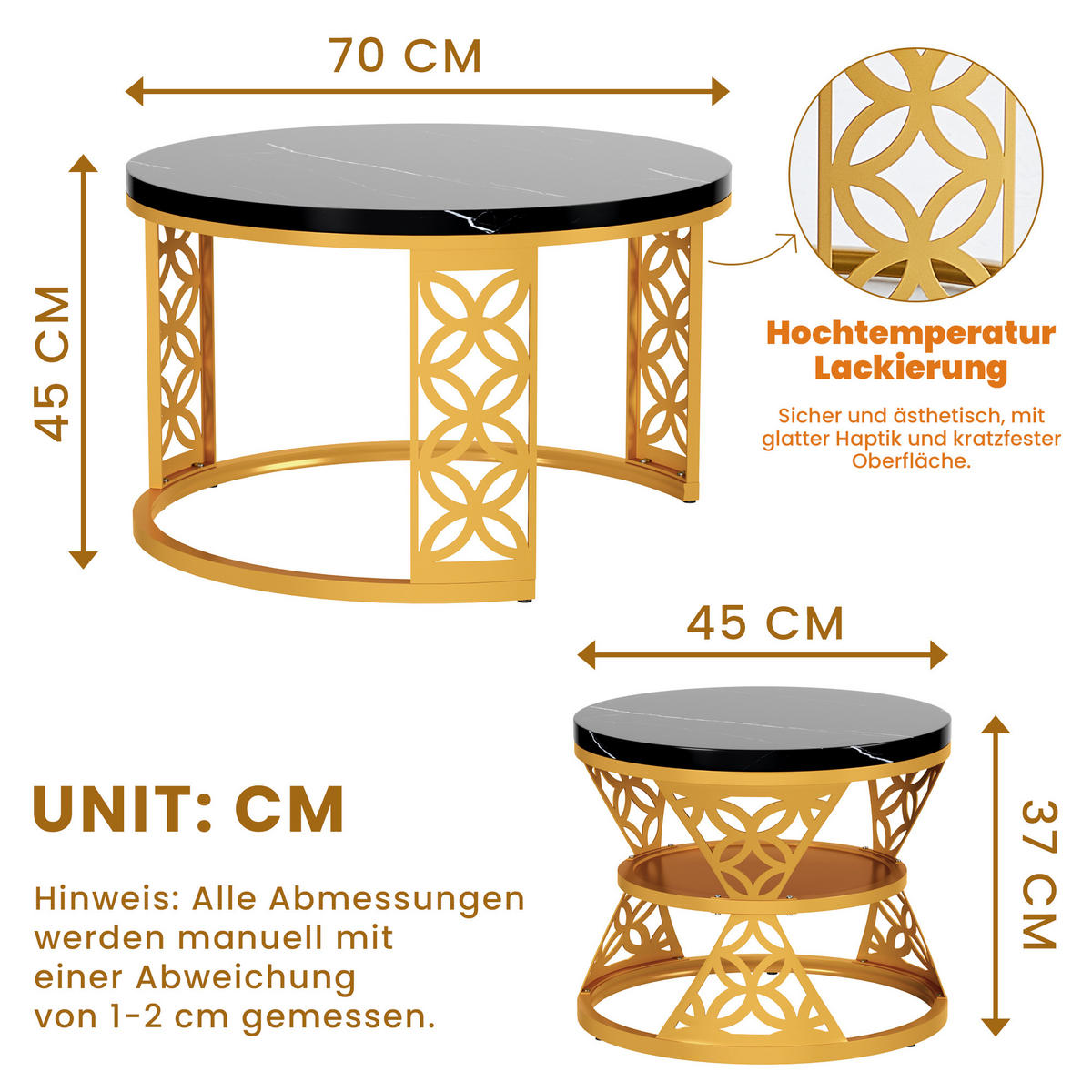 COUCHTISCH 2-teiliges Set Nesting Satztisch 70x70x45 cm + 45x45x37 cm Schwarz und Gold mit Marmor Furnier - Schwarz, Holzwerkstoff (70/70/45cm) - Modfu