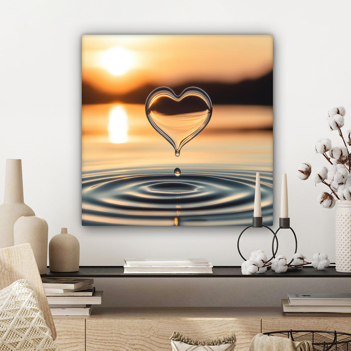 LEINWANDBILD - Herz - Wasser - Sonnenuntergang - Natur - Zen - 50x50 - Room Decor - Bernsteinfarben, Textil (50/50cm) - MuchoWow