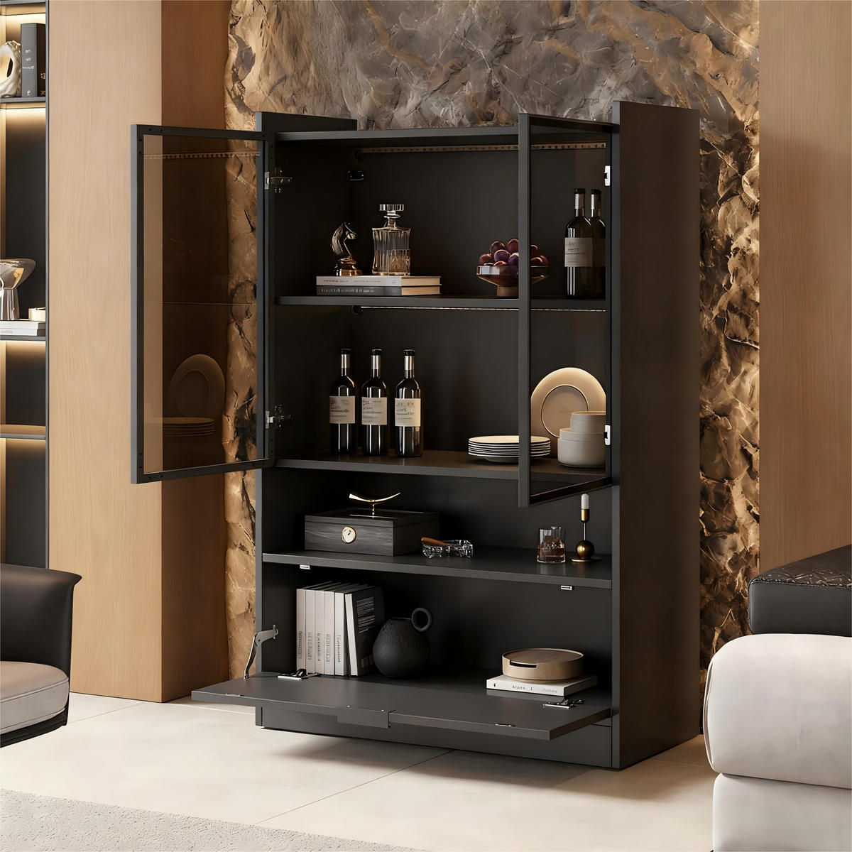 VITRINE Schwarz 80/35/120 cm - Schwarz, Holzwerkstoff (80/120/35cm) - PANGIVO